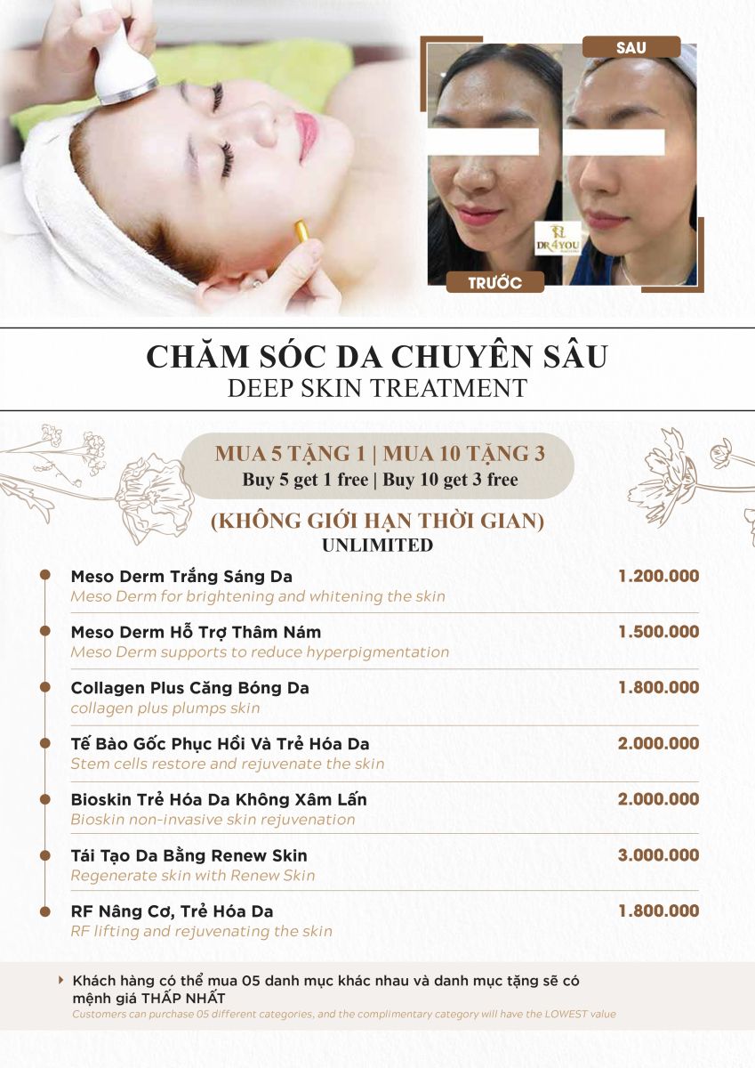 Bảng giá dịch vụ chăm sóc da chuyên sâu tại Dr4you.